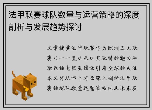 法甲联赛球队数量与运营策略的深度剖析与发展趋势探讨