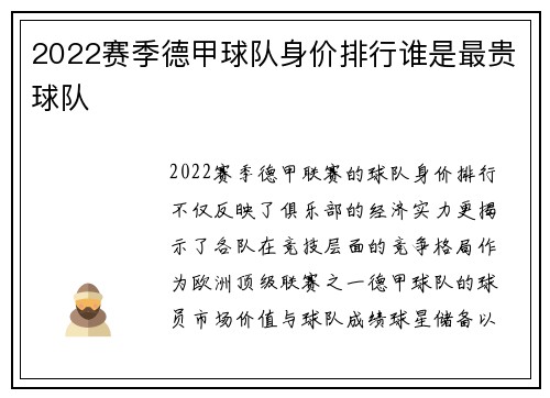 2022赛季德甲球队身价排行谁是最贵球队