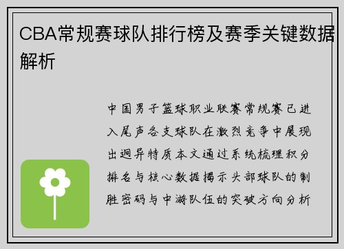 CBA常规赛球队排行榜及赛季关键数据解析